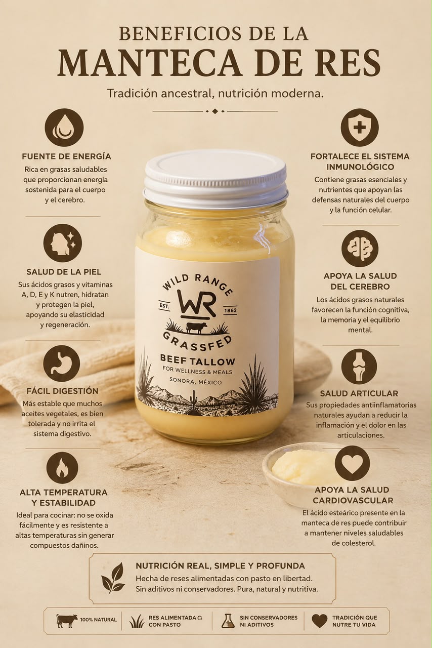 Infografía de beneficios de Manteca de Res (Beef Tallow)